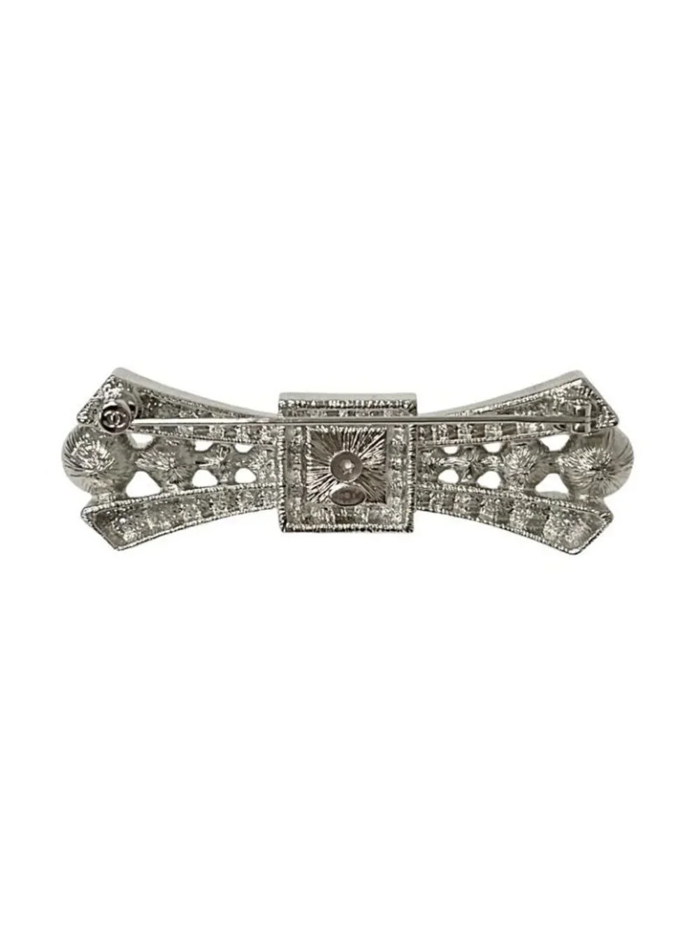 Chanel Brooch Corsage Silver Coco Mark Rhinestone Ribbon